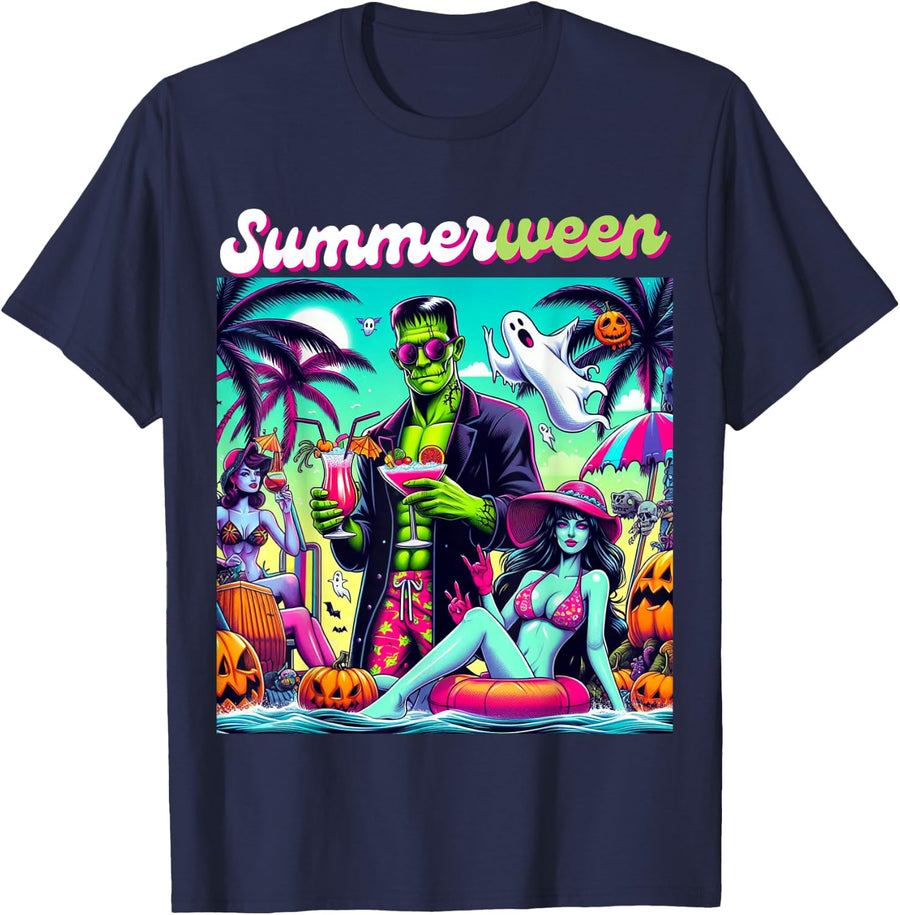 Happy Summerween Summer Halloween Holiday Beach Vibes Spooky T-Shirt - Navy Blue