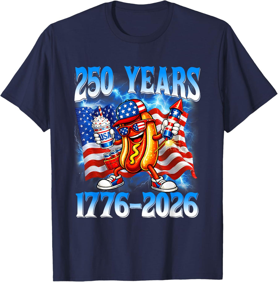 250 Years 250th Anniversary USA Patriotic 4th July Hotdog T-Shirt - Navy Blue
