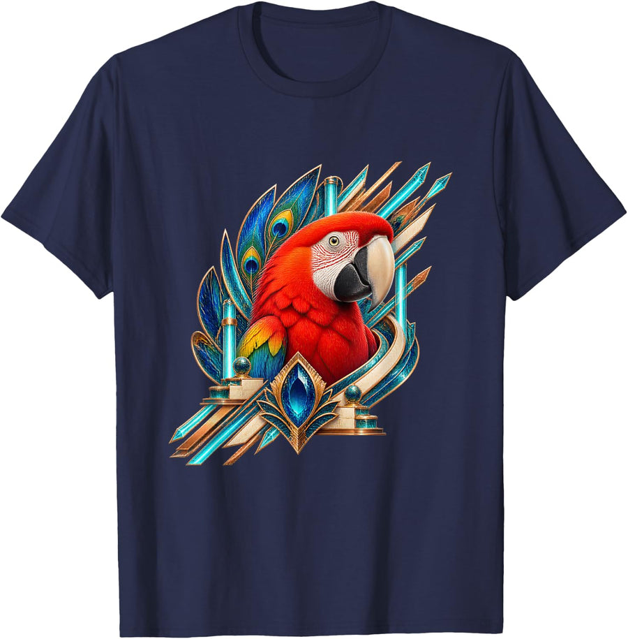 Scarlet Macaw with Turquoise Feather Fans T-Shirt - Navy Blue