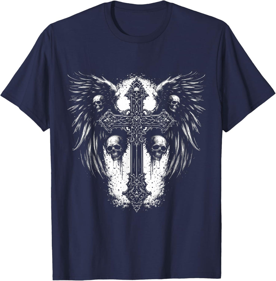 Skull Cross Y2k Goth Shirt Alt Grunge Gothic Emo Aesthetic Wings Tee T-Shirt - Navy Blue