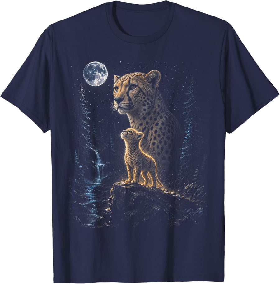 Cheeta Howling at Moon 90's Retro Nature Forest Animal T-Shirt - Navy Blue