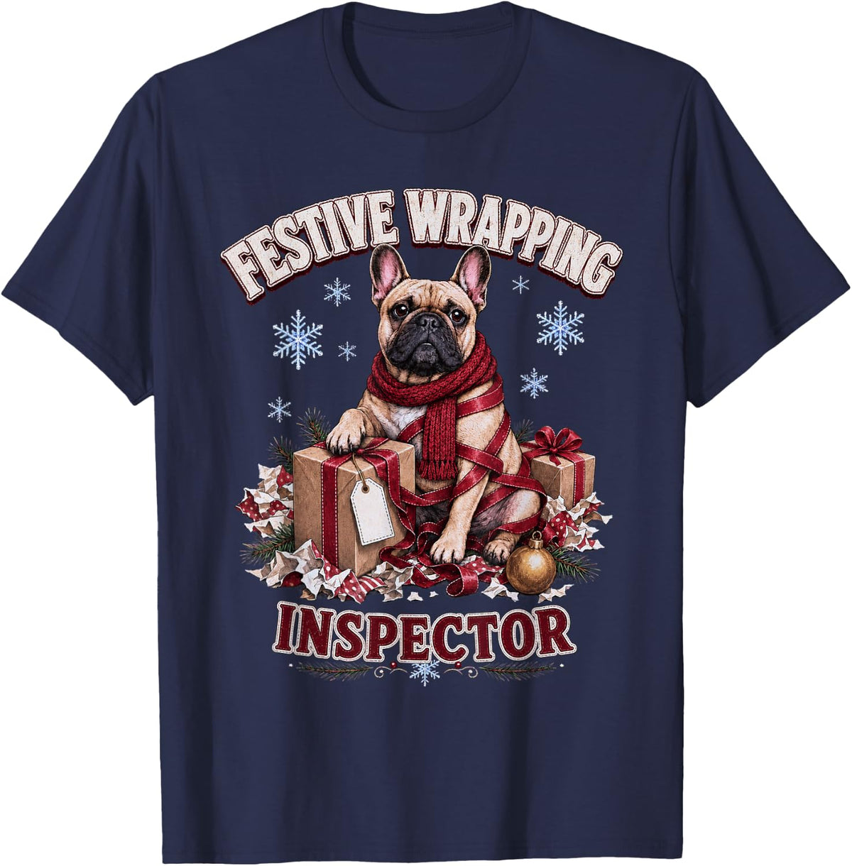 Festive Wrapping Inspector Funny French Bulldog Christmas T-Shirt - Navy Blue