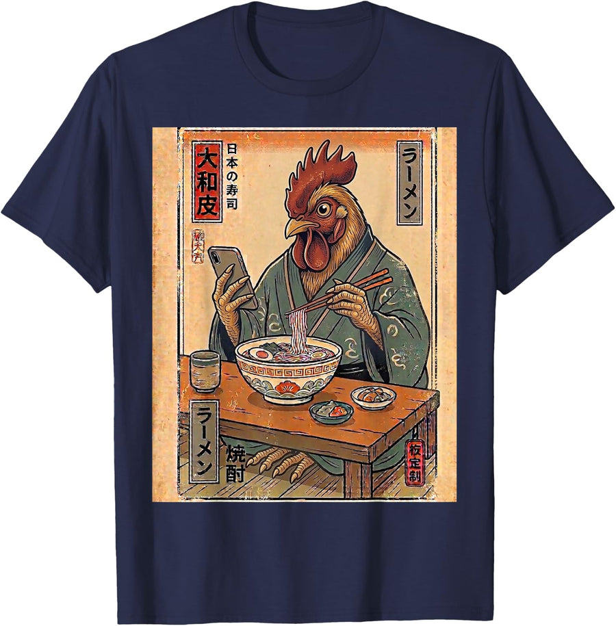 Funny Rooster Eating Ramen Retro Japanese Gifts Men Women T-Shirt - Navy Blue
