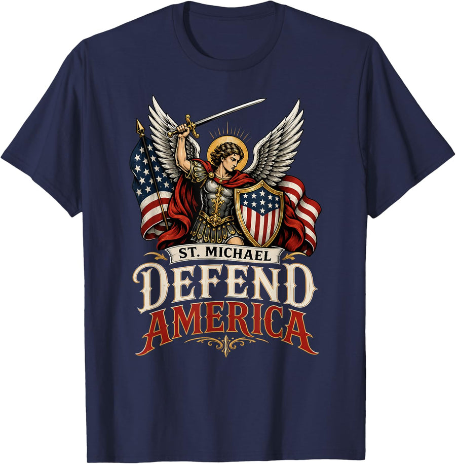 St Michael Defend America Christian Patriot Faith Freedom T-Shirt - Navy Blue