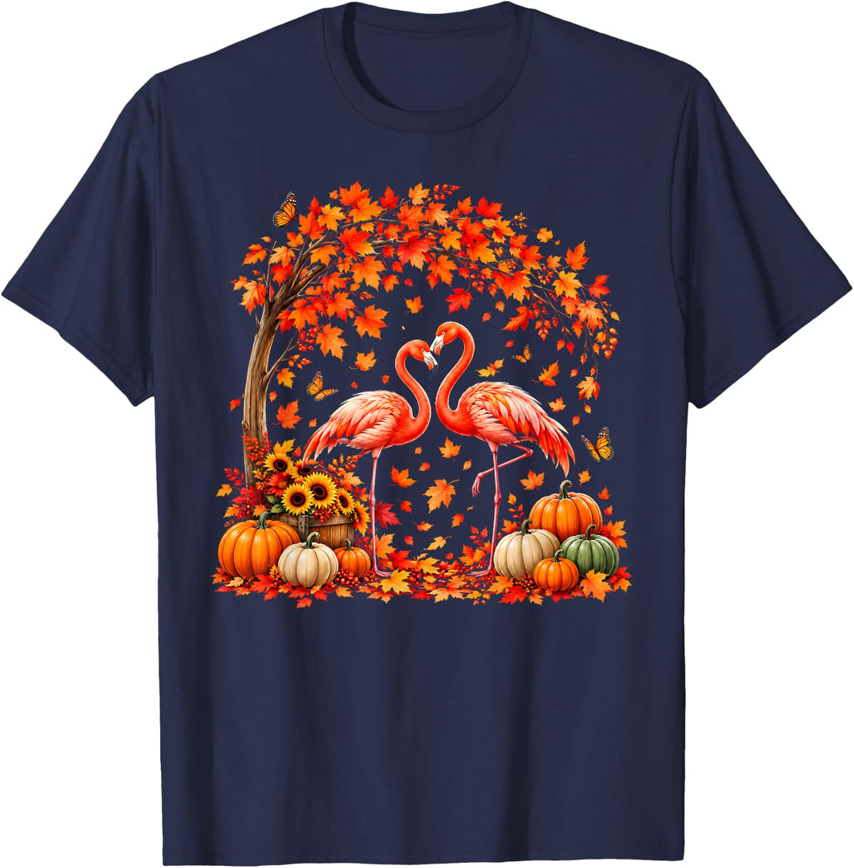 It's Fall Y'all Flamingo Lover Pumpkin Autumn Season Tree T-Shirt - Navy Blue