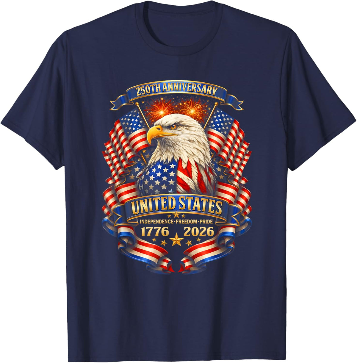 USA Independence 250th Anniversary 1776 2026 Patriotic Eagle T-Shirt - Navy Blue