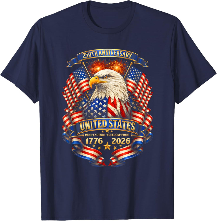 USA Independence 250th Anniversary 1776 2026 Patriotic Eagle T-Shirt - Navy Blue