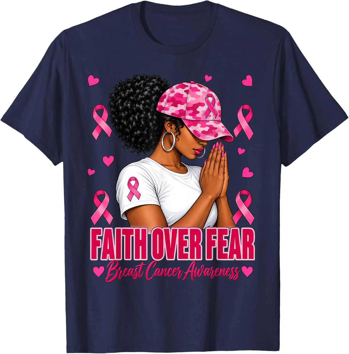 Black Women Faith Over Fear Breast Cancer Awareness T-Shirt - Navy Blue