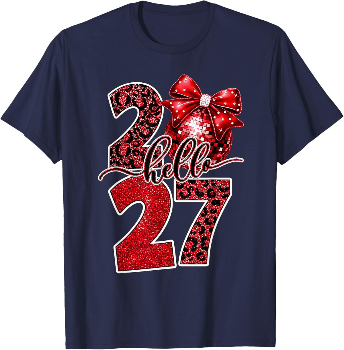 Bold Red Leopard Print Bow 2027 New Year's Eve Family Party T-Shirt - Navy Blue