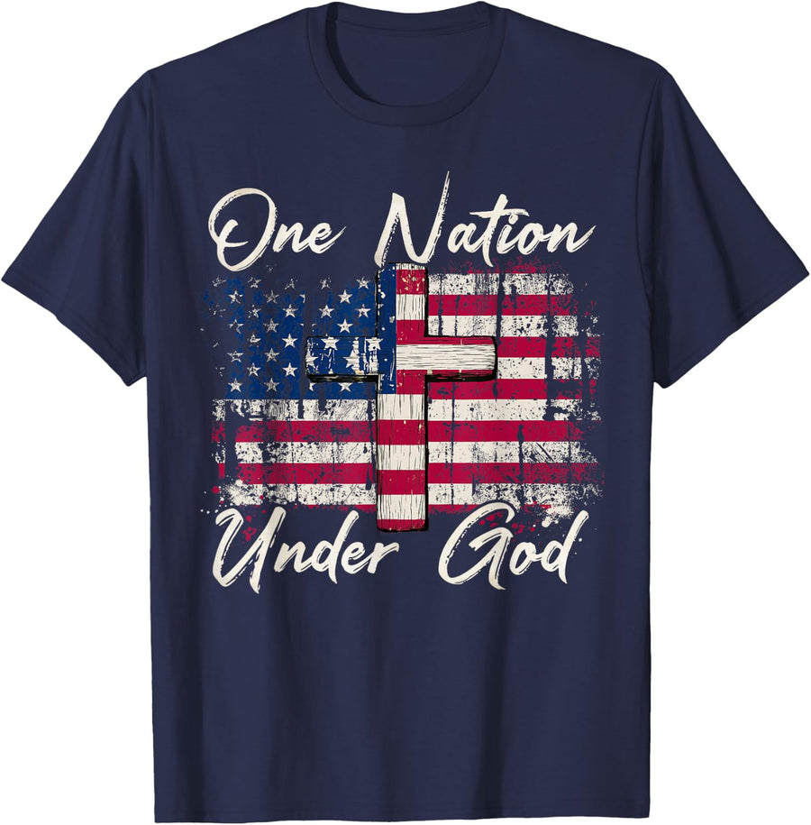 Vintage Flag One Nation Under God 4th of July Patriotic T-Shirt - Navy Blue