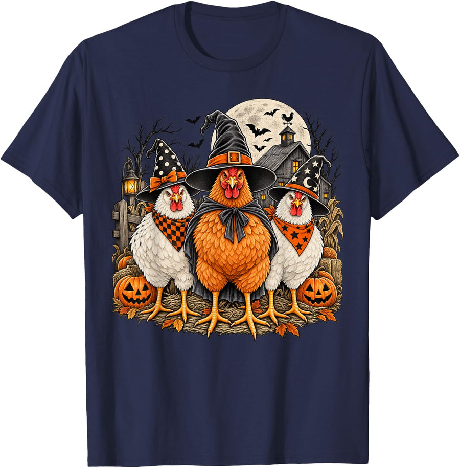 Vintage Halloween Witch Chickens Spooky Season Funny Chicken T-Shirt - Navy Blue