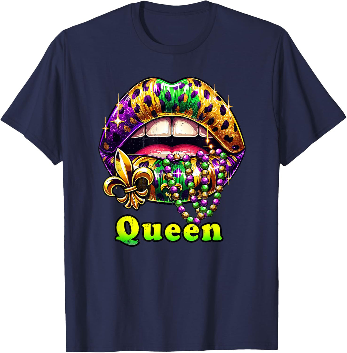 Mardi Gras Queen Lips Outfit Women Cheetah Leopard Print T-Shirt - Navy Blue