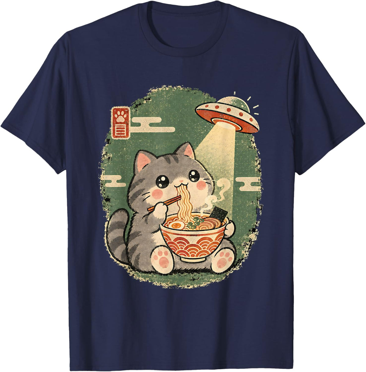 Vintage Japanese Cat Eating Ramen Lovers UFO Alien Abduction T-Shirt - Navy Blue