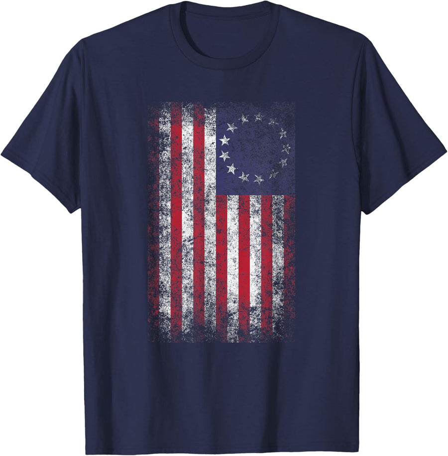 4th of July Patriotic Betsy Ross battle flag 13 colonies T-Shirt - Navy Blue