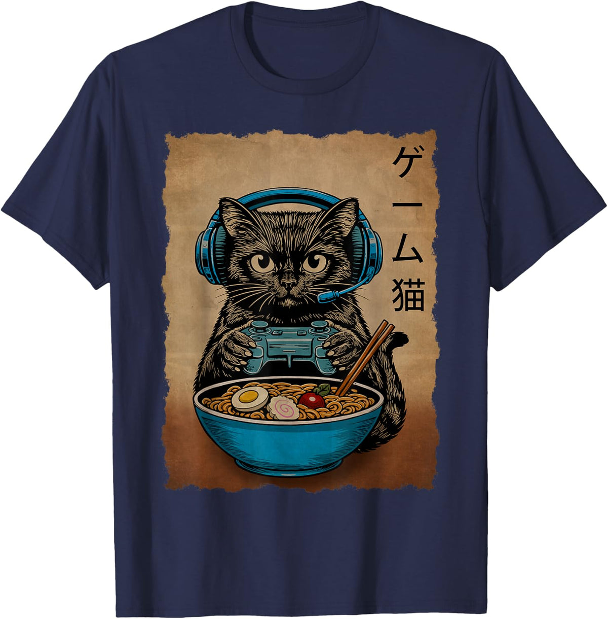 Ramen Cat Gaming Anime Japanese Funny Teen Boys Gifts Gamer T-Shirt - Navy Blue