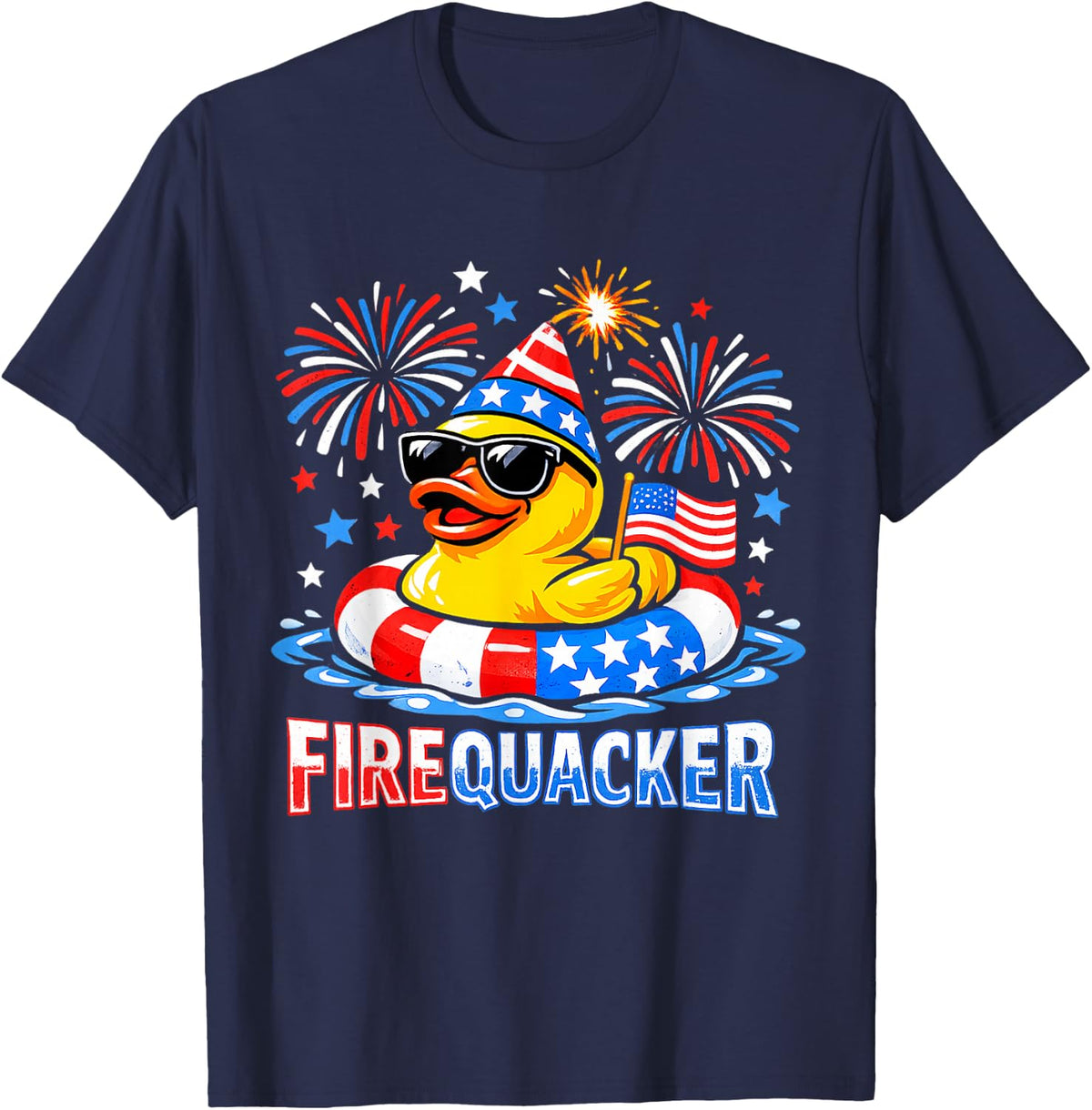 Firequacker Funny 4th of July Patriotic Duck Fireworks T-Shirt - Navy Blue