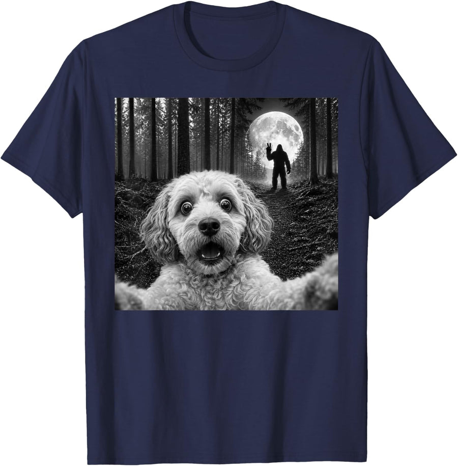 Cavapoo Selfie with Bigfoot Peace Sign Doodle Dog Sasquatch T-Shirt - Navy Blue