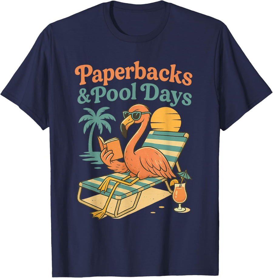 Funny Flamingo Paperbacks And Pool Days Retro Summer T-Shirt - Navy Blue