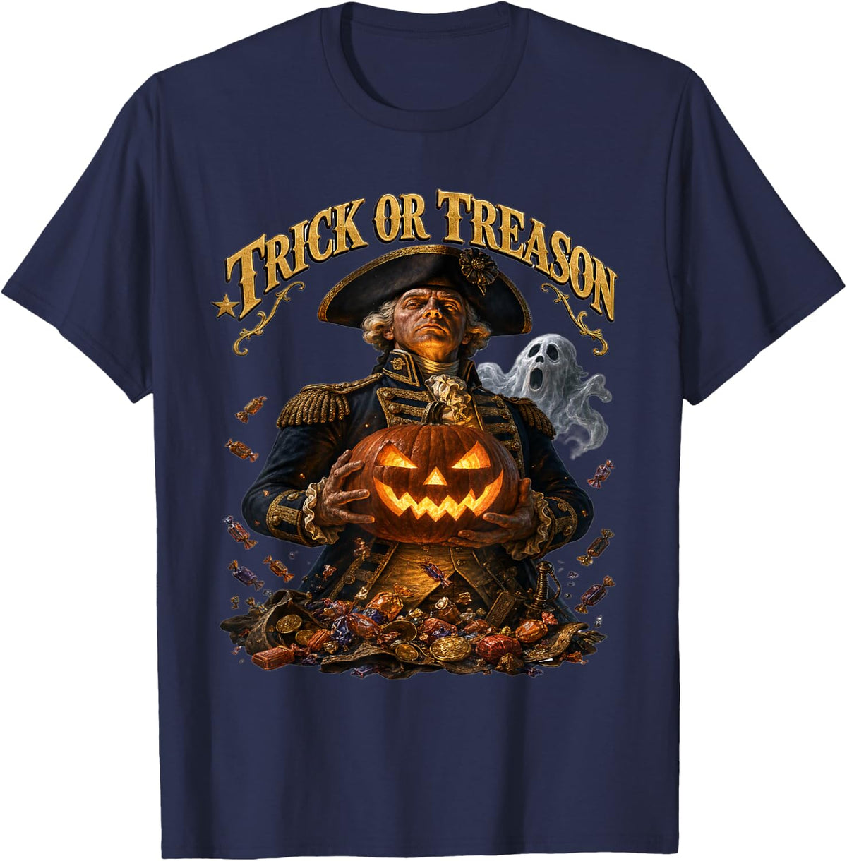 Trick Or Treason Funny Halloween American History Patriotic T-Shirt - Navy Blue