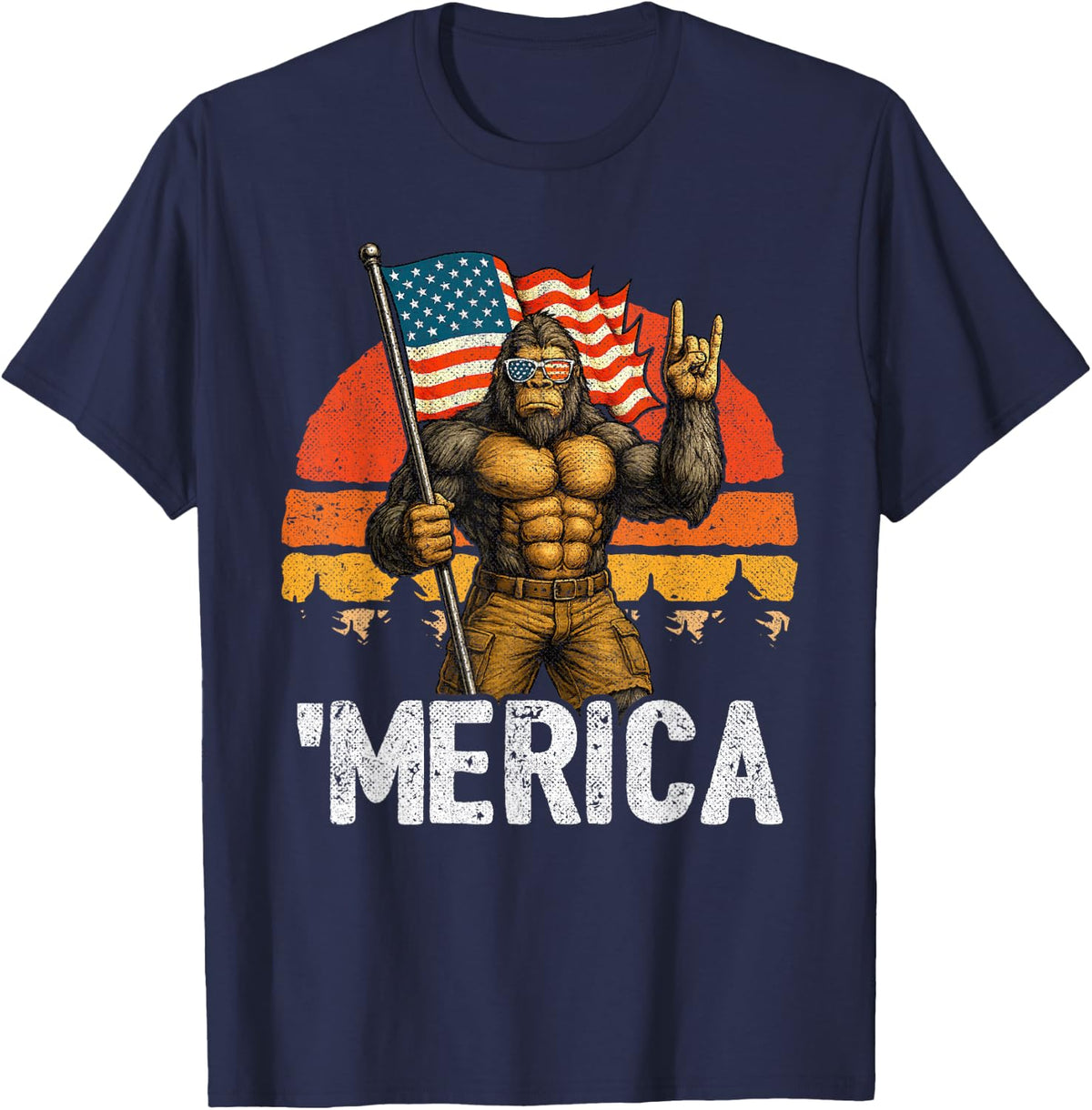 Bigfoot Merica American Flag - Funny Patriotic 4th of July T-Shirt - Navy Blue