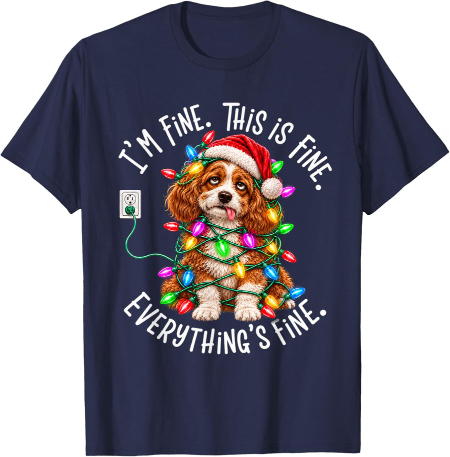 Funny Cavapoo Christmas Lights Dog Lover Xmas T-Shirt - Navy Blue