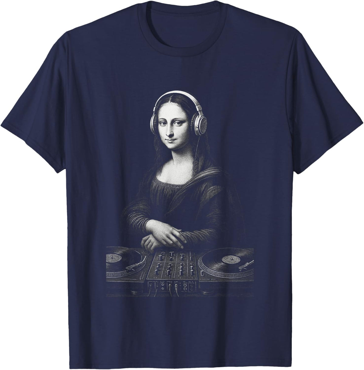 Mona Lisa DJ Headphones Turntables Music Mixer Art Parody T-Shirt - Navy Blue