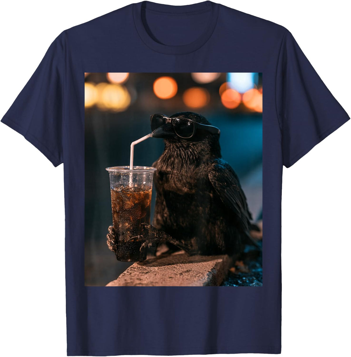 Crow Drinking Iced Coffee Wearing Sunglasses Meme T-Shirt - Navy Blue