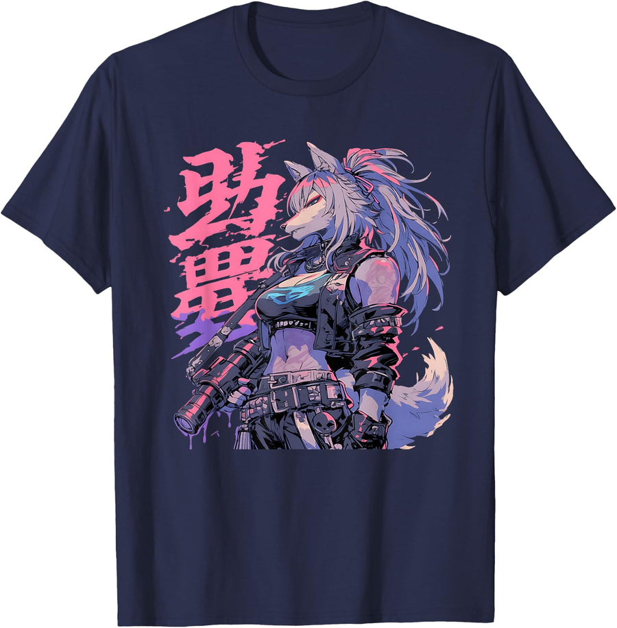 Goth Grunge Demon Anime Furry Wolf Horror Alt Aesthetic T-Shirt, Small, Black - Navy Blue