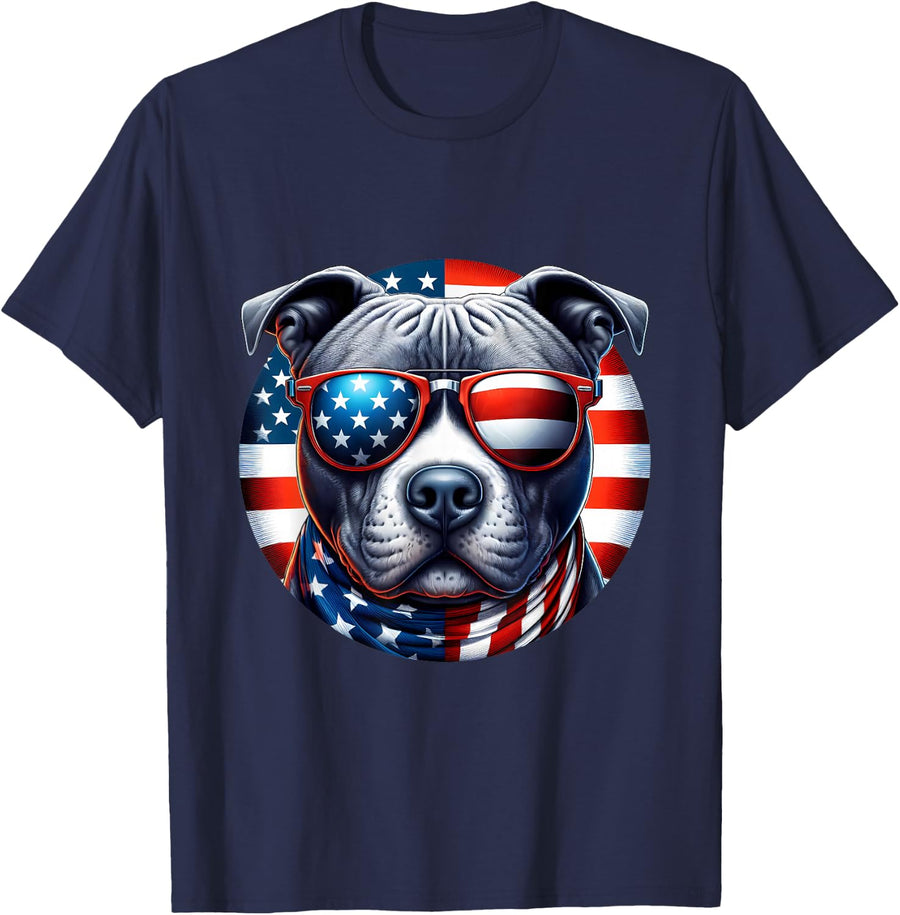 4th of July Pit Bull Wearing Sunglasses American Flag Bully T-Shirt - Navy Blue