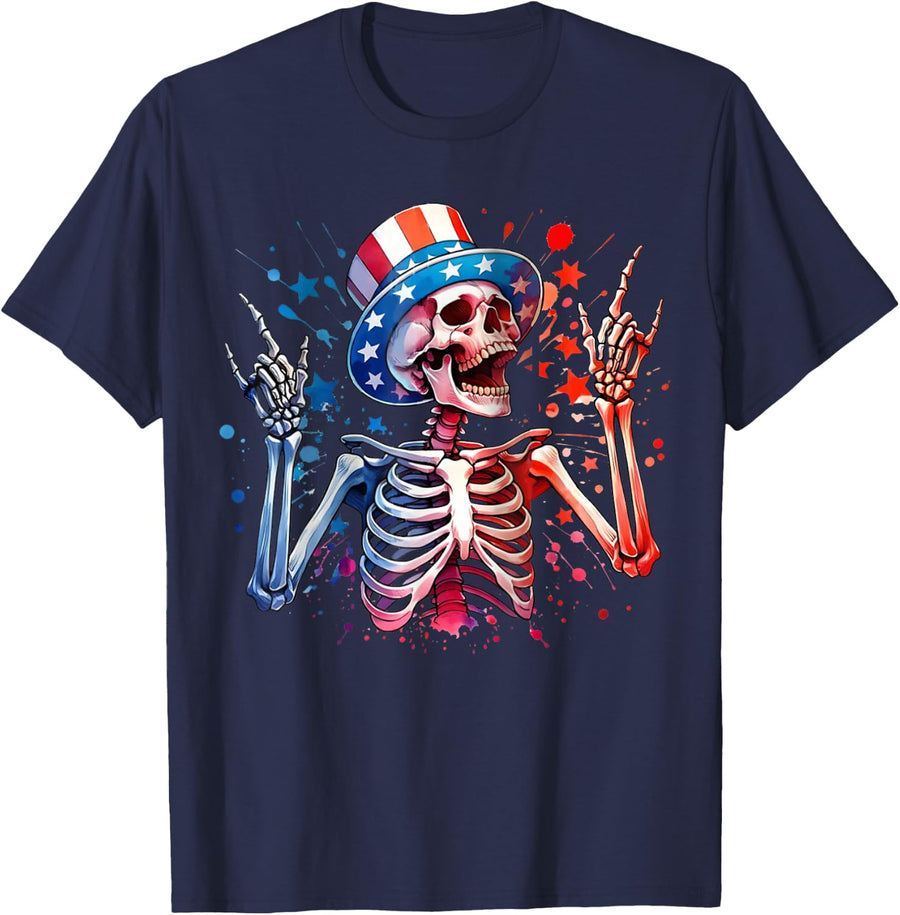 Party in The USA Rock Hand July 4th Funny American Skeleton T-Shirt - Navy Blue