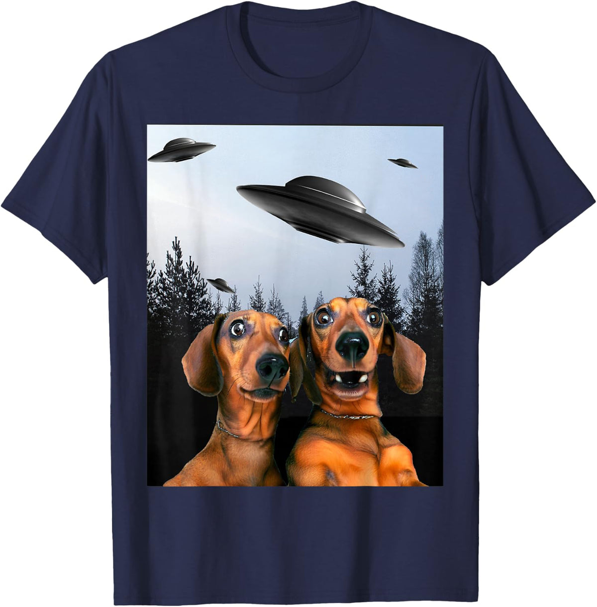 Funny Dachshund Selfie with UFO T-Shirt - Navy Blue