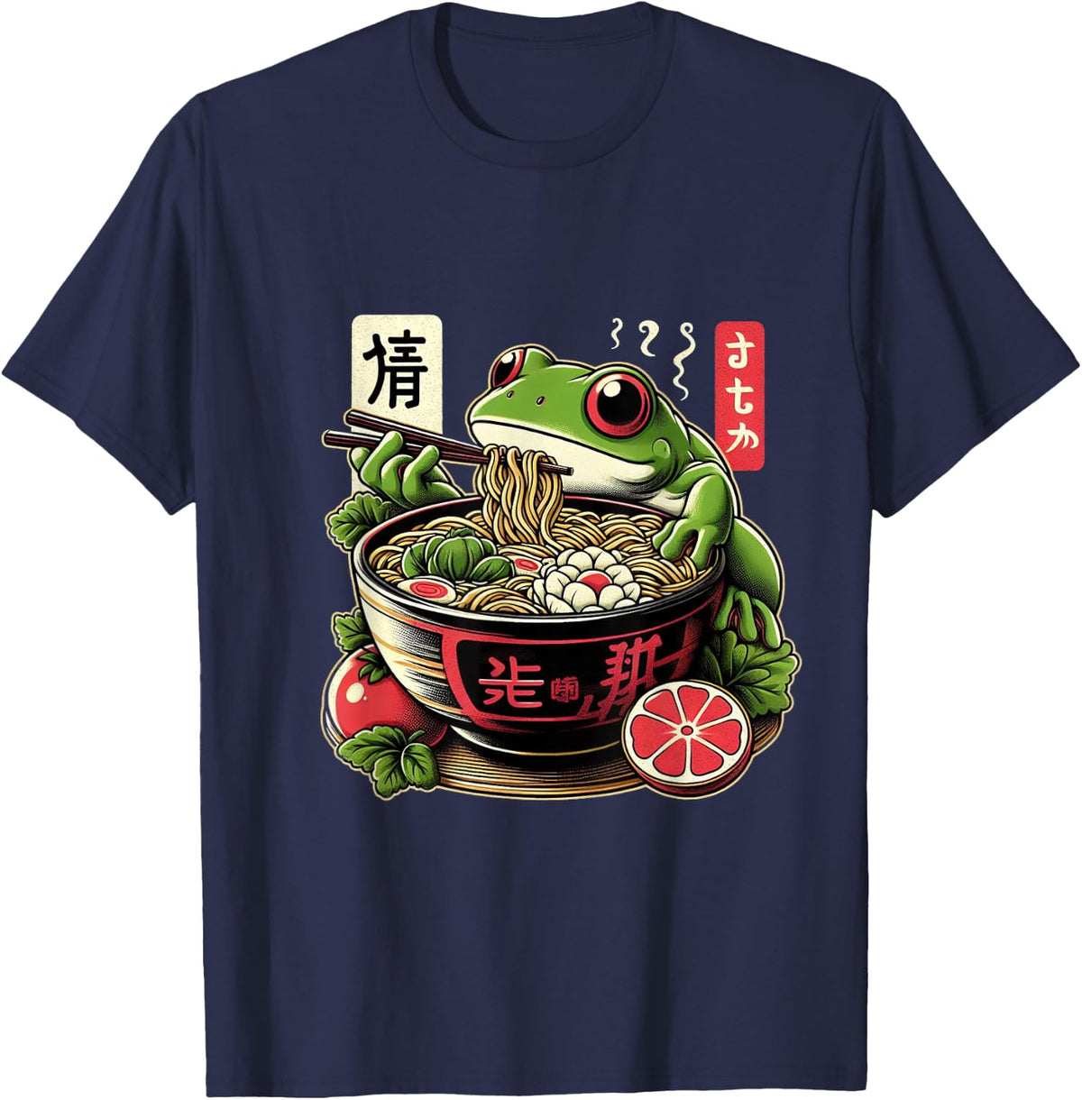 Frog Eating Ramen Kawaii Neko Japanese Noodles Tees T Shirts for Anime Lovers - Navy Blue
