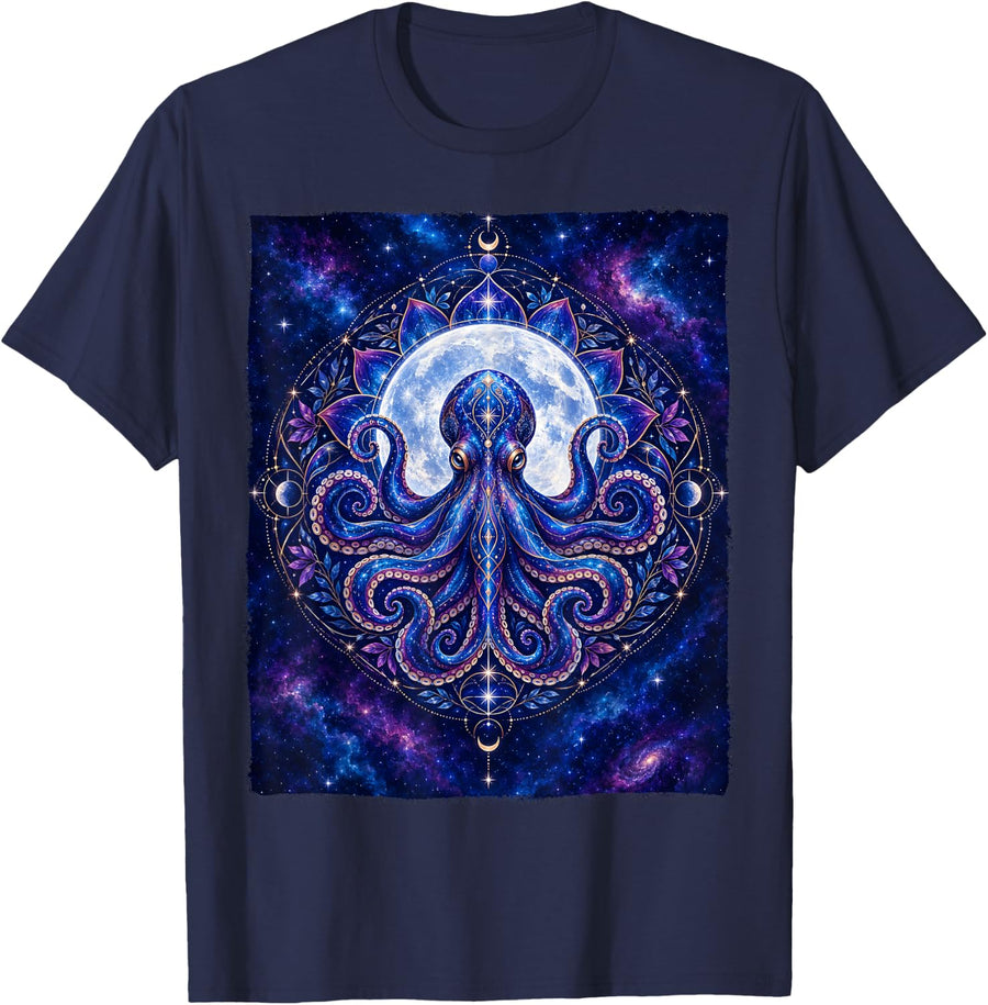 Octopus Moon Celestial Mandala Galaxy Mystical Cosmic Ocean T-Shirt - Navy Blue