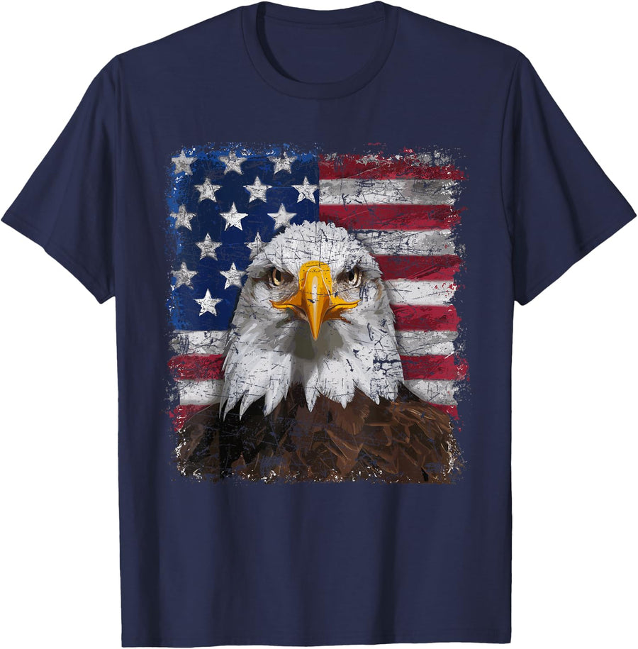 Bald Eagle USA Flag American T-Shirt - Navy Blue