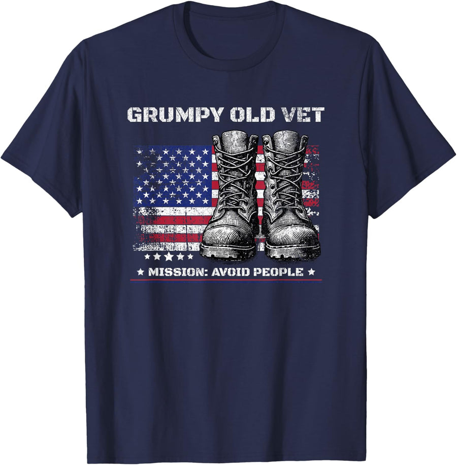 Funny Grumpy Old Vet for Military w/American Flag and Boots T-Shirt - Navy Blue