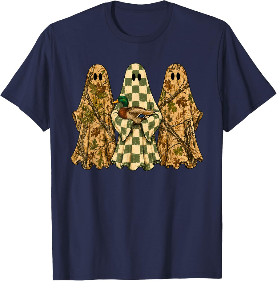 Old School Camo Ghost Duck Hunting, Funny Halloween Men Dad T-Shirt - Navy Blue