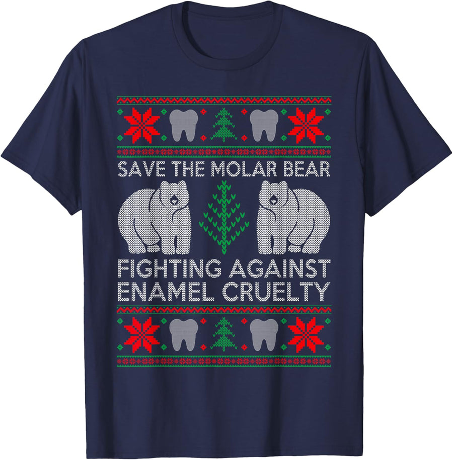 Funny Save The Molar Bear Dental Dentist Ugly Christmas T-Shirt - Navy Blue