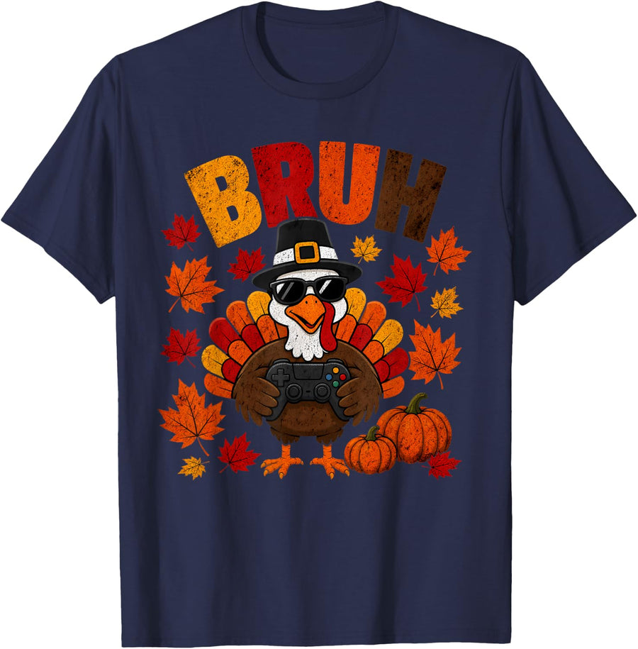 Bruh Thanksgiving Gaming Fall Pumpkin Turkey Gamer Boys Kids T-Shirt - Navy Blue