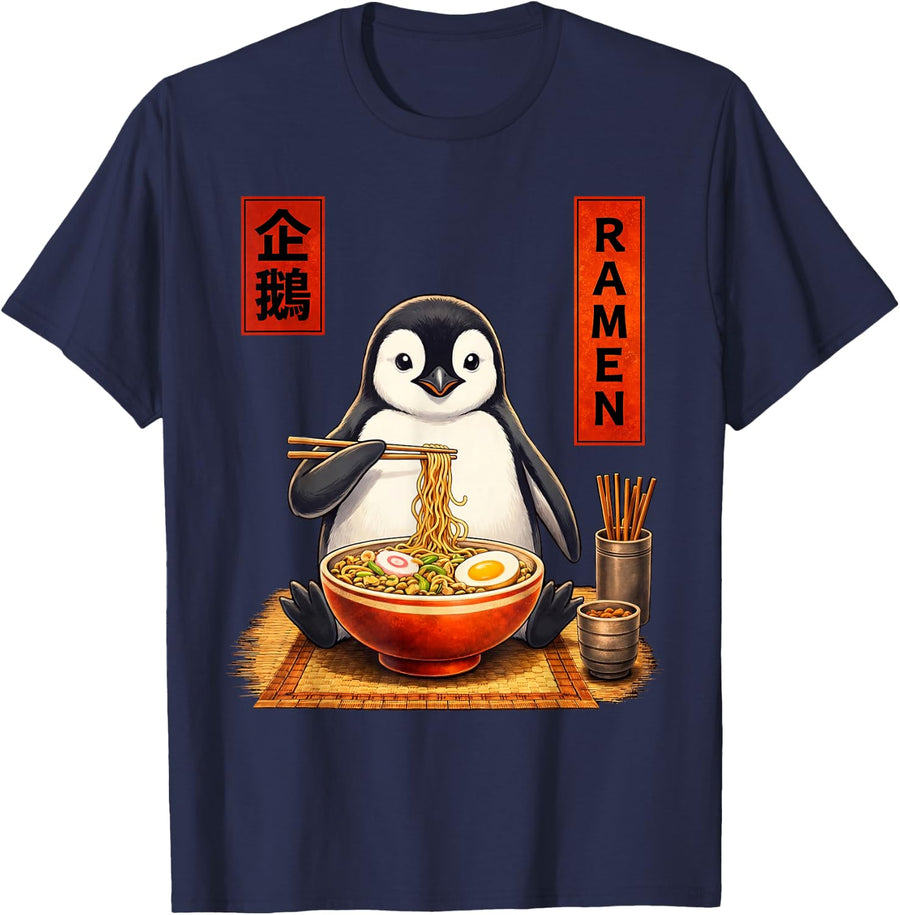Penguin Ramen Japanese Art Funny Anime Graphic Tee Kawaii T-Shirt - Navy Blue
