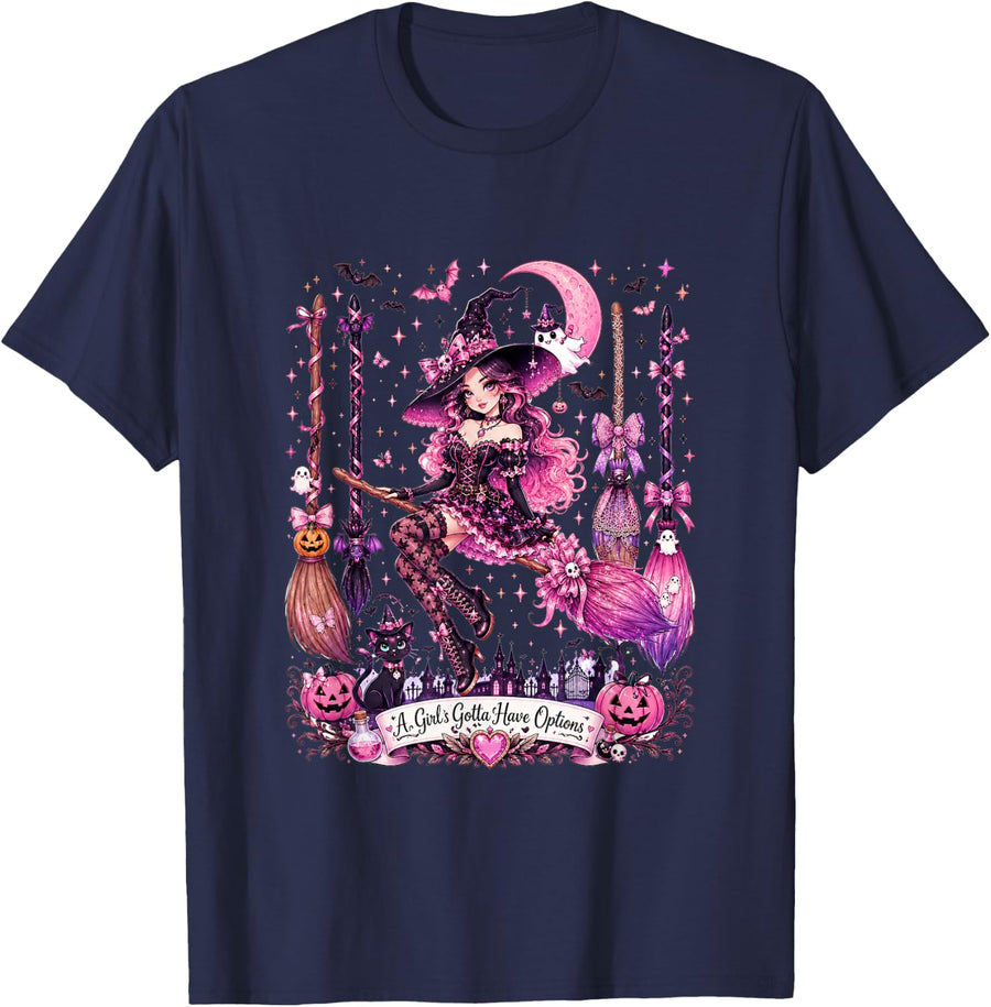 A Girl Gotta Have Options Halloween Witch with Broomsticks T-Shirt - Navy Blue