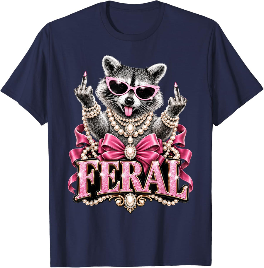 Feral Raccoon Pink Sunglasses Funny Attitude T-Shirt - Navy Blue