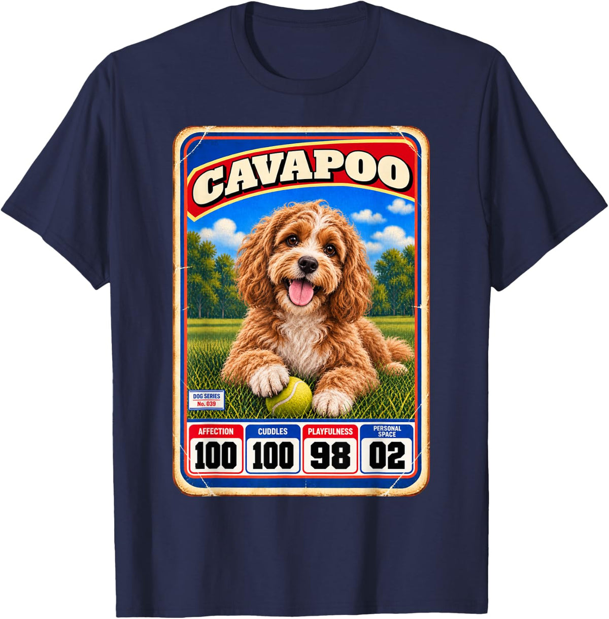 Cavapoo Vintage 70s 80s Sports Trading Card T-Shirt - Navy Blue