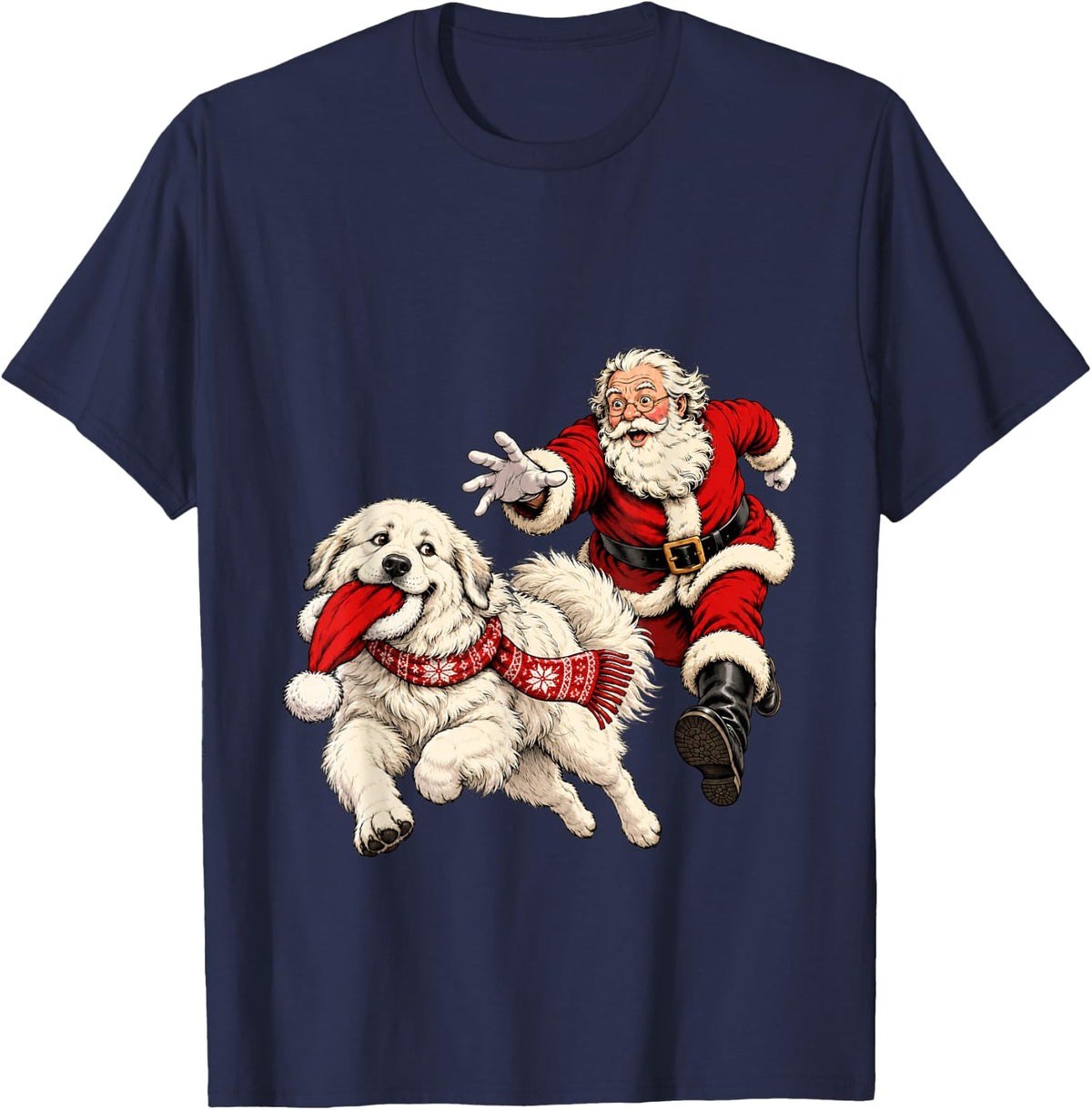 Funny Santa Chasing Great Pyrenees Christmas Dog Mom Pet T-Shirt - Navy Blue