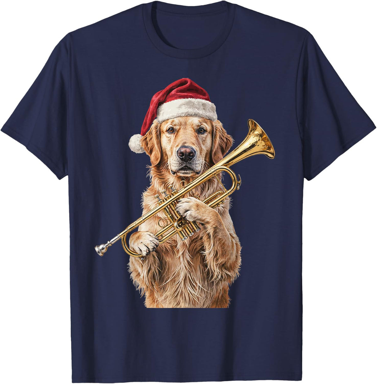 Santa Golden Retriever Trumpet Brass Band T-Shirt - Navy Blue