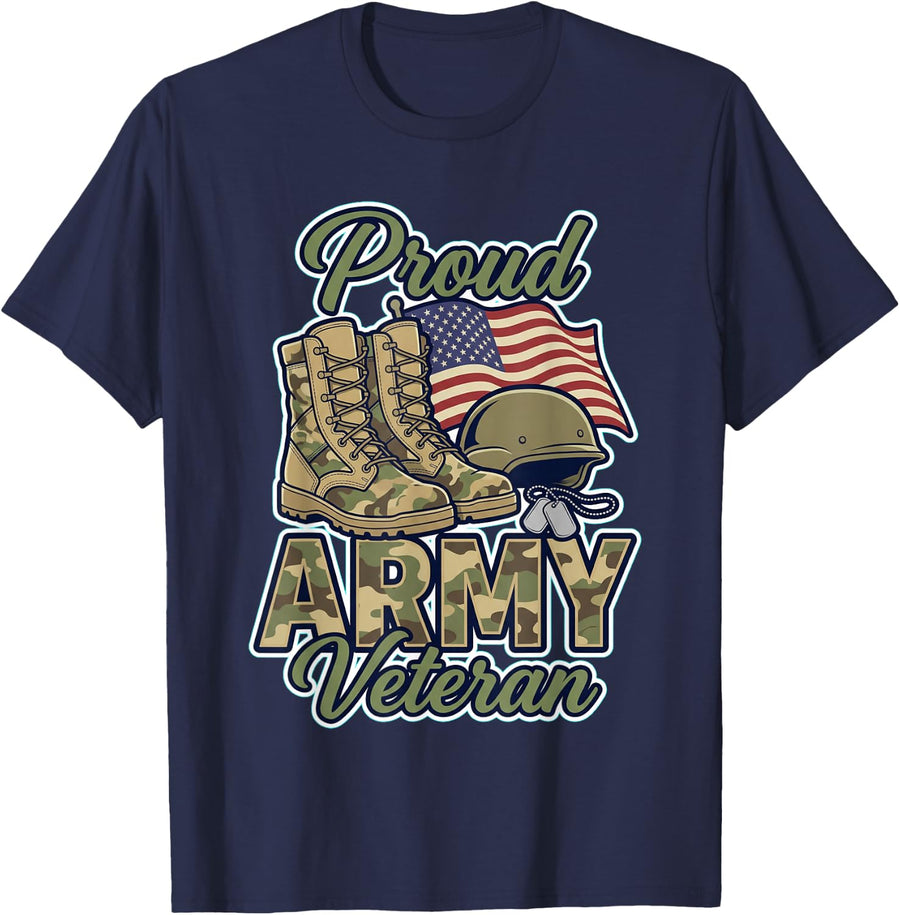 Proud Army Veteran American Flag Combat Boots Military T-Shirt - Navy Blue