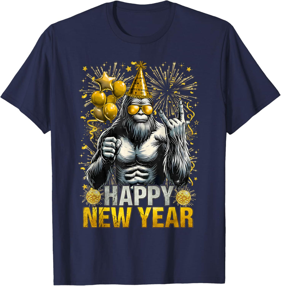 Retro Happy New Year 2026 Bigfoot Lovers New Years Eve Party T-Shirt - Navy Blue