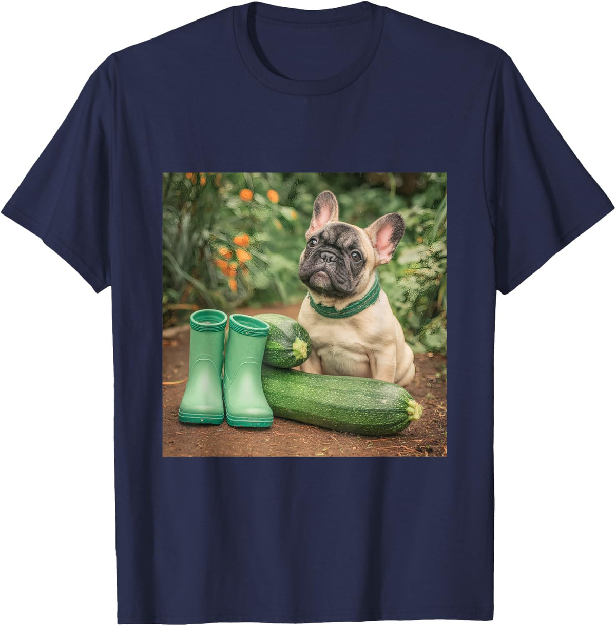 French Bulldog Garden Zucchini Green Boots T-Shirt - Navy Blue