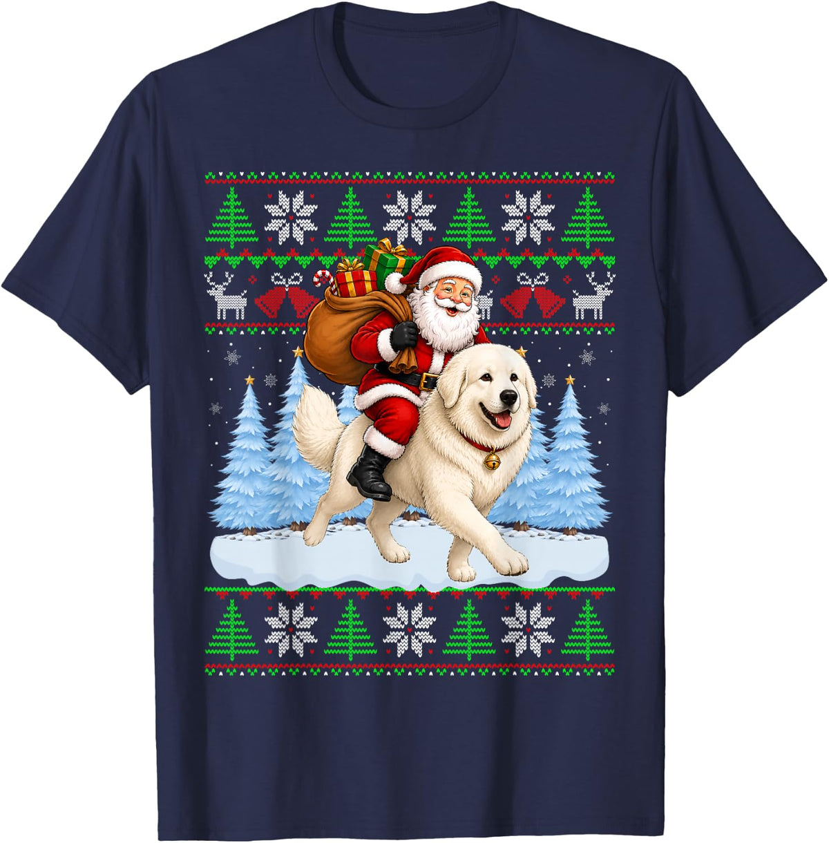 Ugly Xmas Funny Santa Riding Great Pyrenees Dog Christmas T-Shirt - Navy Blue