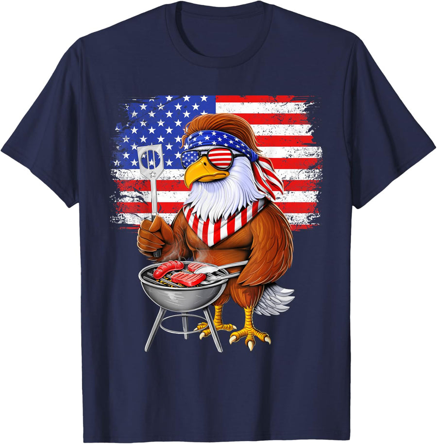 American Bald Eagle US Flag Barbecue Meat Grillining Chef T-Shirt - Navy Blue