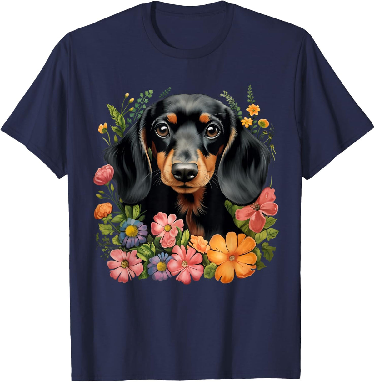 Dachshund Mom Floral Wiener Dog Lover Vintage Flowers Cute T-Shirt - Navy Blue